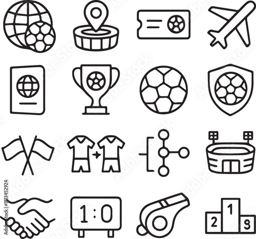 Global Soccer Tournament and Travel Line Icons