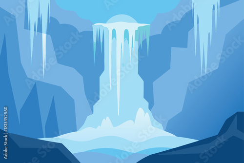 Frozen waterfall with icicles in icy blue landscape Vector