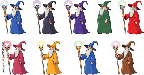 Cartoon wizard character sheet illustration with colorful robes, glowing magic staffs, and fantasy magician designs for game, fairytale, and animation concept