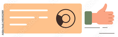 Data card featuring a circular chart and text lines with a thumbs-up hand gesture. Ideal for feedback, performance, analytics, success, agreement, positivity, business. Simple flat metaphor