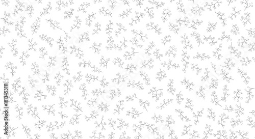 Seamless white background pattern with delicate hand-drawn black botanical twigs and tiny berries, creating a minimalist floral texture.
