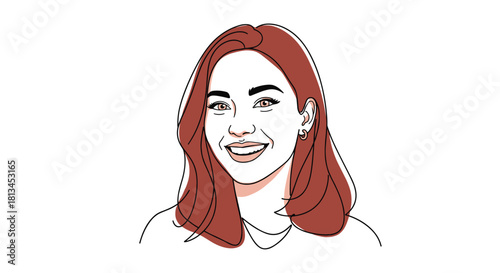 Minimalist line art portrait of a happy young woman with warm brown hair and a broad, inviting smile.