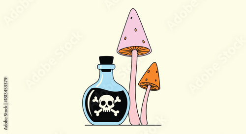 A whimsical illustration featuring a bottle of poison with a skull and crossbones symbol next to two colorful, conical mushrooms.