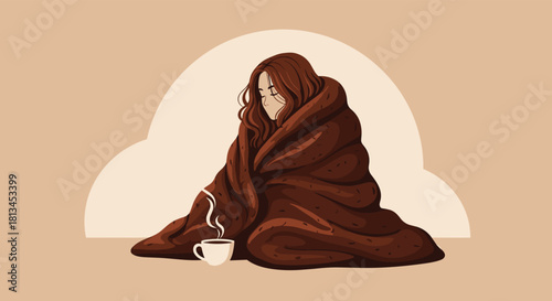 A woman with long, flowing hair is completely enveloped in a warm, dark brown blanket, finding comfort with a steaming hot drink beside her.