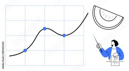 Line chart with upward trend, statistical markers, educator holding paper and pointer, highlighted pie chart slice. Ideal for business, teaching, finance, analysis strategy growth success. Simple