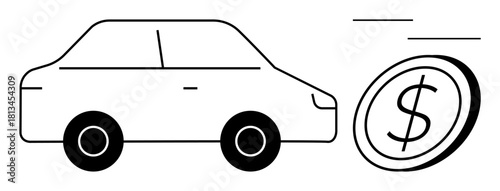 Car and coin icon illustrating automotive expenses, vehicle sales, transportation costs, savings, car financing, budgeting, or trade. Ideal for economy savings industry or trade themes. Simple