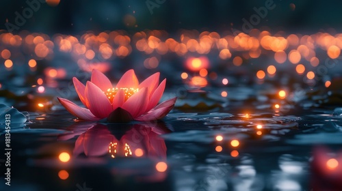 Pink lotus flower on water, glowing lights