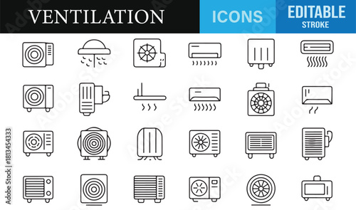 Minimal outline ventilation and HVAC icon set in editable stroke style