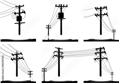 Utility pole silhouettes with wire and transformer variations – flavector electrical infrastructure vector illustration set
