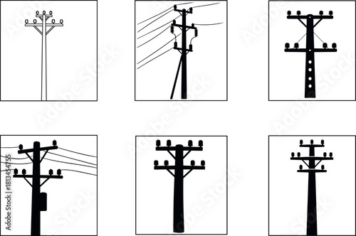 Utility pole silhouettes, electric infrastructure, power lines, crossarm designs, insulators, regional grid systems – flavector