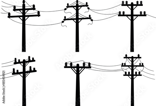 Utility pole silhouettes, crossarms, insulators, power lines, electric grid, infrastructure designs, distribution systems - flavector