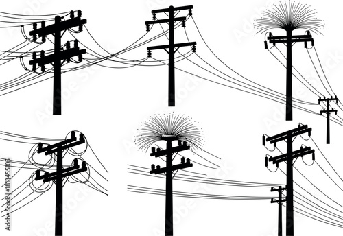 WebUtility poles, electric sparks, silhouette infrastructure, power lines, insulators, grid design, malfunction visuals - flavector