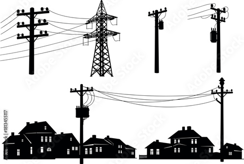 WebUtility poles and transmission towers connecting residential homes – electrical infrastructure silhouette scene – flavector