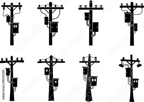 Utility poles, transformer silhouettes, electric grid, surveillance cameras, streetlights, wire layouts, infrastructure designs - flavector