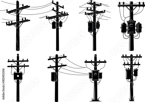 Utility poles, transformer silhouettes, electric grid, wire layouts, infrastructure designs, power lines, insulators - flavector