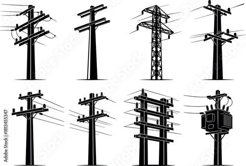 Utility poles, transmission towers, electrical infrastructure silhouettes, power lines, insulators, crossarms, distribution systems - flavector