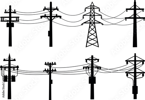 Utility poles, transmission towers, transformer silhouettes, electric grid, crossarms, insulators, power lines, infrastructure - flavector