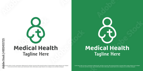 People health logo design vector illustration. Hospital patient silhouette. Cute linear and abstract health icon symbol.