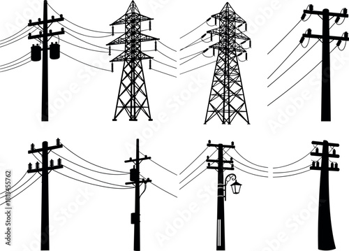 Utility poles, transmission towers, transformer silhouettes, electric grid, wire layouts, infrastructure designs, power lines - flavector