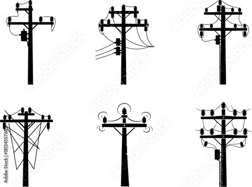 Vector silhouettes of utility poles, electrical infrastructure, wire configurations, crossarm designs, engineering layout – flavector