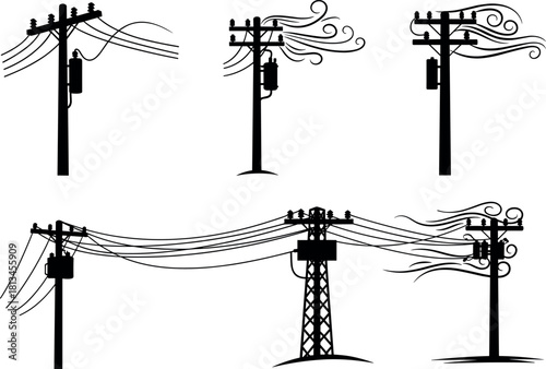 Windy electric pole and power line silhouette set featuring dynamic utility structures for vector illustration use - flavector