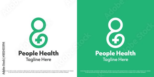Health clinic logo design vector illustration. Hospital silhouette of a person in a health care facility. Abstract linear health icon symbol plus.