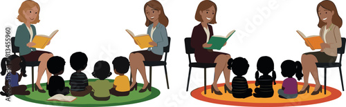 Women reading to children, classroom storytime, early education, literacy activity, teacher-student interaction, vector illustration