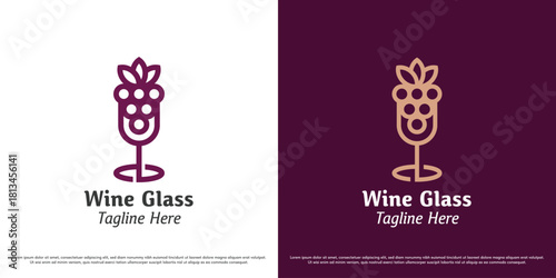Wine vine vector logo design illustration. Fresh food wine glass bar silhouette. Simple minimal luxury elegant drink icon symbol.