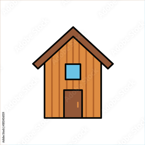 Bild auf Leinwand Simple cartoon drawing of a small brown house with a blue window and a dark brown door