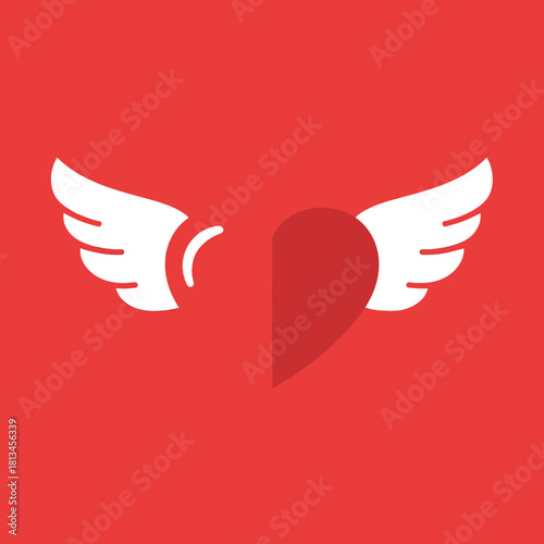 Stylized red heart with white wings on a vibrant red background, symbolizing love and freedom.