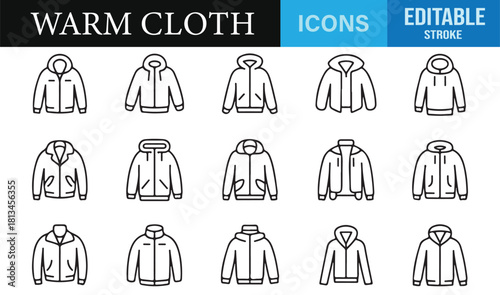Thin-line winter clothing symbols including jackets, sweaters, and cold-season wear