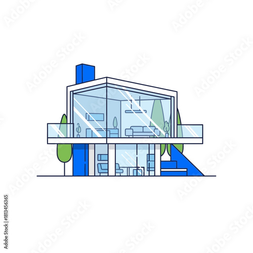 Modern minimalist house with large glass windows and blue accents.