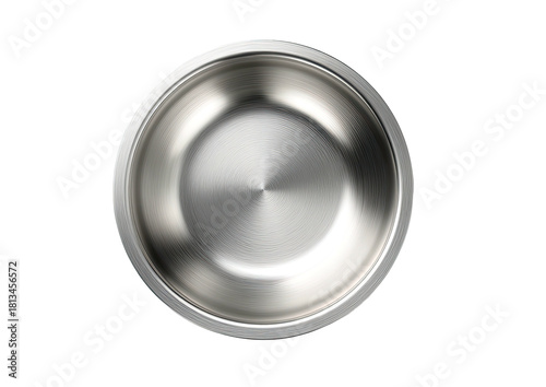 Shiny metal bowl, smooth inner surface, top-down perspective