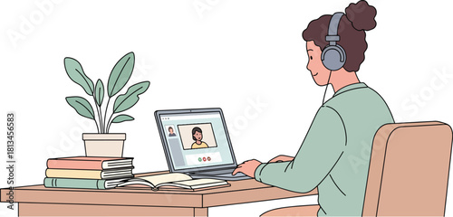 Woman in headphones on laptop video call at desk with books and plant. depicts online education, remote work, virtual meetings, and home learning. Vector
