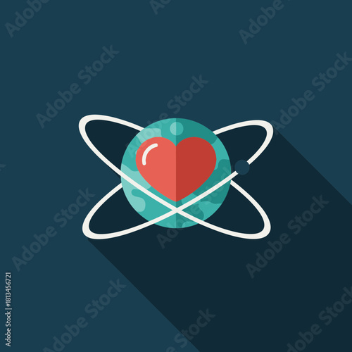 Flat design icon of a teal globe with a red heart at its center, surrounded by white orbital rings, on a dark blue background.