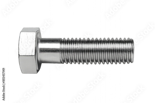 High-Resolution Close-up of a Shiny Metal Hex Bolt: Construction Fastener, Industrial Hardware, Precision Engineering, Mechanical Component, Silver Bolt, Threaded Fastener, Bolt Head, Tool and Die, Sc