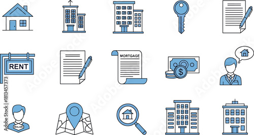 Real estate property transactions vector icon set featuring house, apartment, mortgage, rent, key, money, contract, map, and realtor elements. Vector