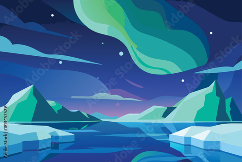 Aurora borealis over icy mountains and serene water Vector