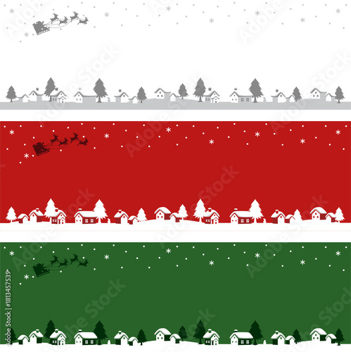Christmas Banner Illustration Set with Santa's Sleigh and Snowy Village Silhouette