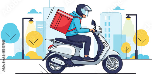 Delivery person on a scooter with a red delivery box, riding through a modern city. illustrates online food and parcel courier service for fast, efficient urban logistics. Vector