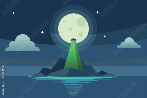Ufo beaming light onto island under full moon at night Vector