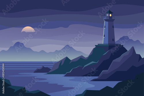 Lighthouse on rocky coast at twilight, guiding light Vector