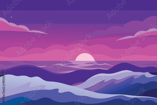 Stylized purple sunset over wavy ocean seascape vector Vector