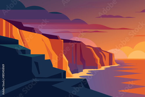 Dramatic coastal cliffs at vibrant sunset over ocean Vector