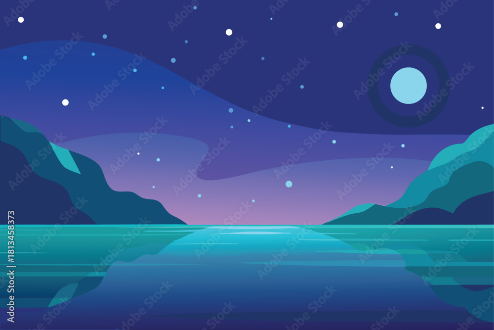 Naklejka premium Flat design serene night scene with stars and a moon Vector