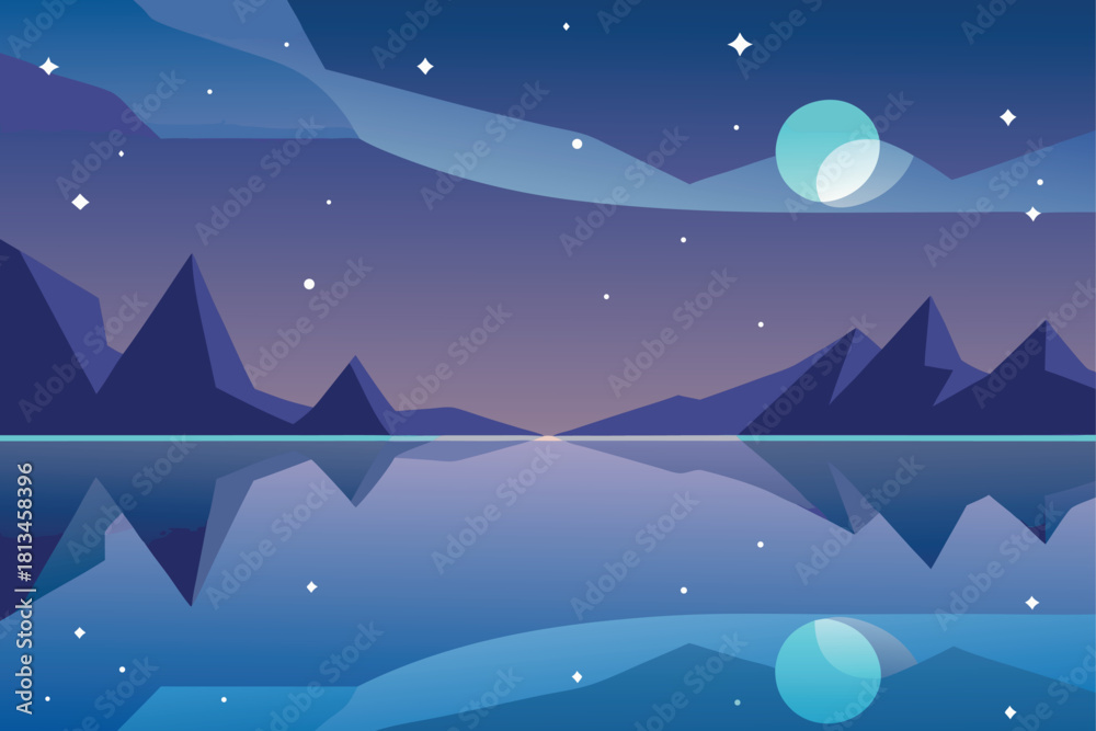 Obraz premium Moonlit geometric mountain lake landscape illustration Vector