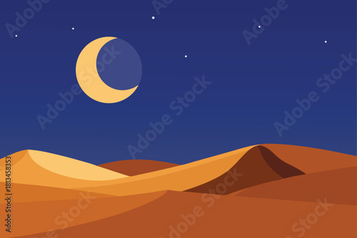 Desert night landscape with crescent moon and stars Vector