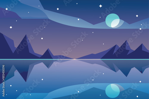 Moonlit geometric mountain lake landscape illustration Vector