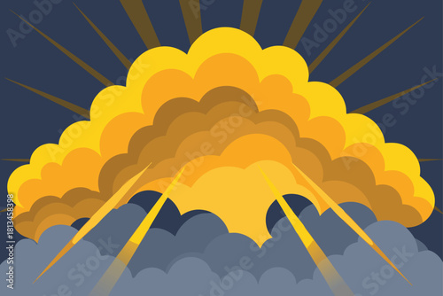 Stylized sun rays pierce vibrant orange clouds above Vector