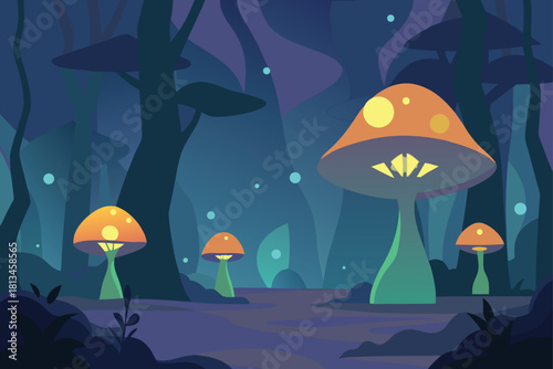 Magical glowing mushrooms illuminate an enchanted forest Vector